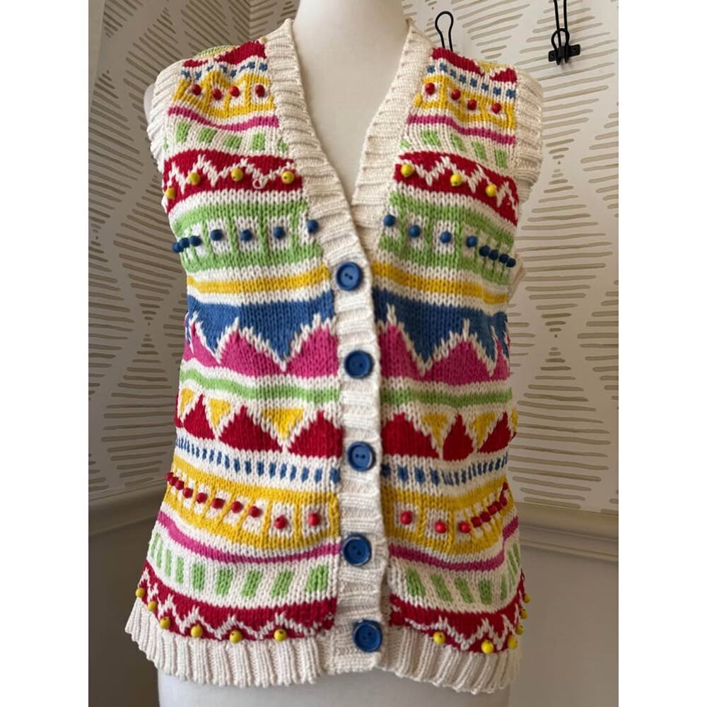 All Week Long Women’s Small Vintage Multicolor Cotton & Wood Bead Knit Vest - Picture 2 of 9